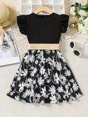 Toddler Girls Butterfly Sleeves Flowers Graphic Belted Princess Dress