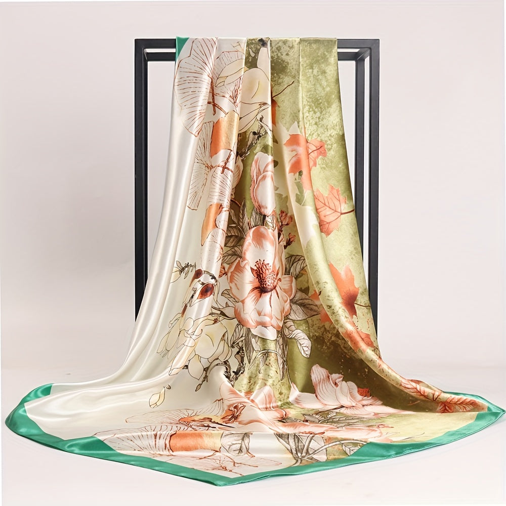 Classic Flower Print Satin Bandana Shawl Silk Square Scarf