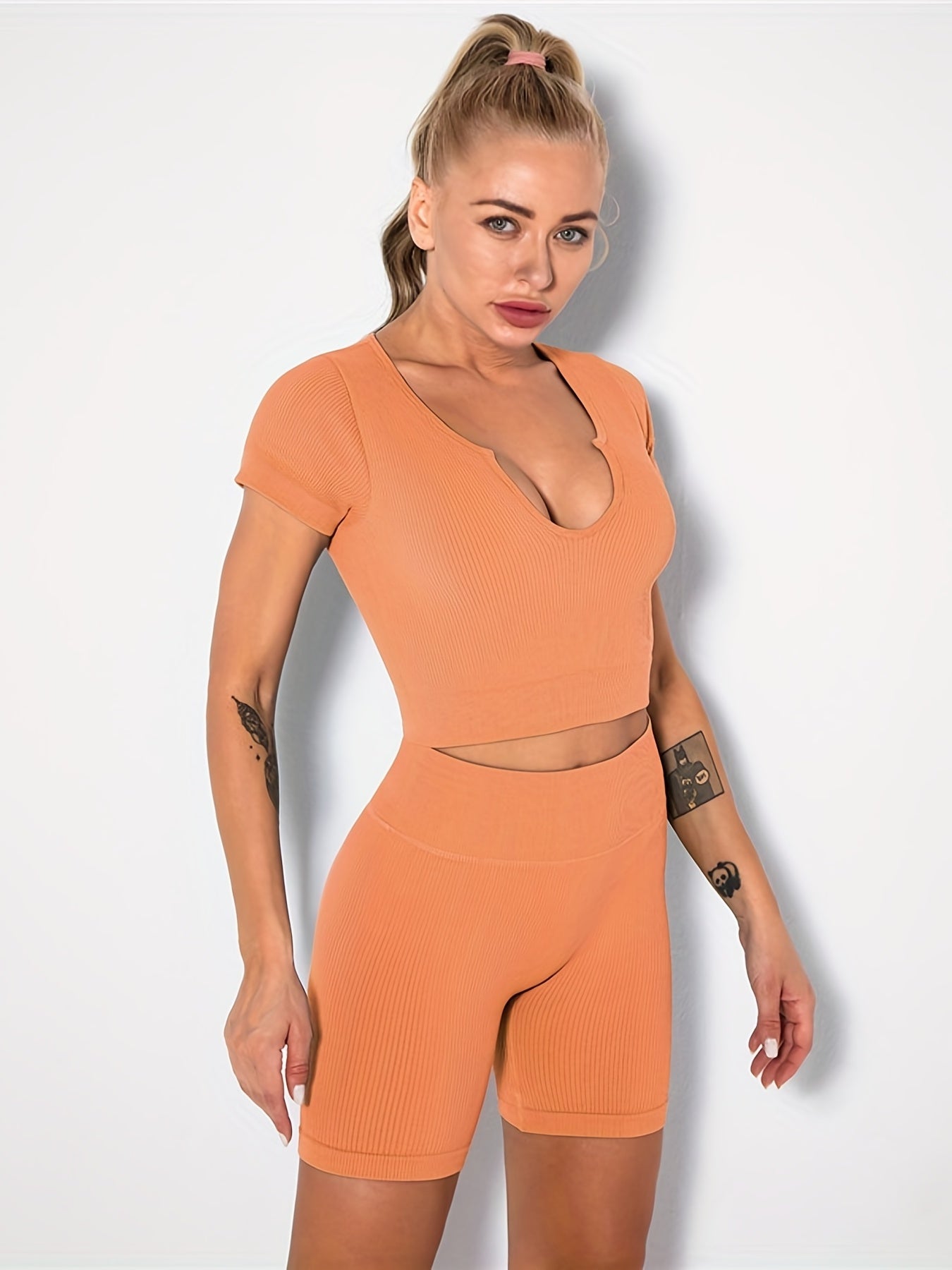 Seamless Rib Knit Sports Set: Short Sleeve Top & Shorts