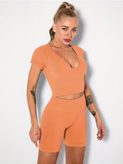 Seamless Rib Knit Sports Set: Short Sleeve Top & Shorts