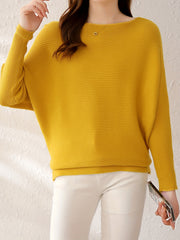 Solid Batwing Sleeve Knit Sweater Boat Neck Casual Sweater