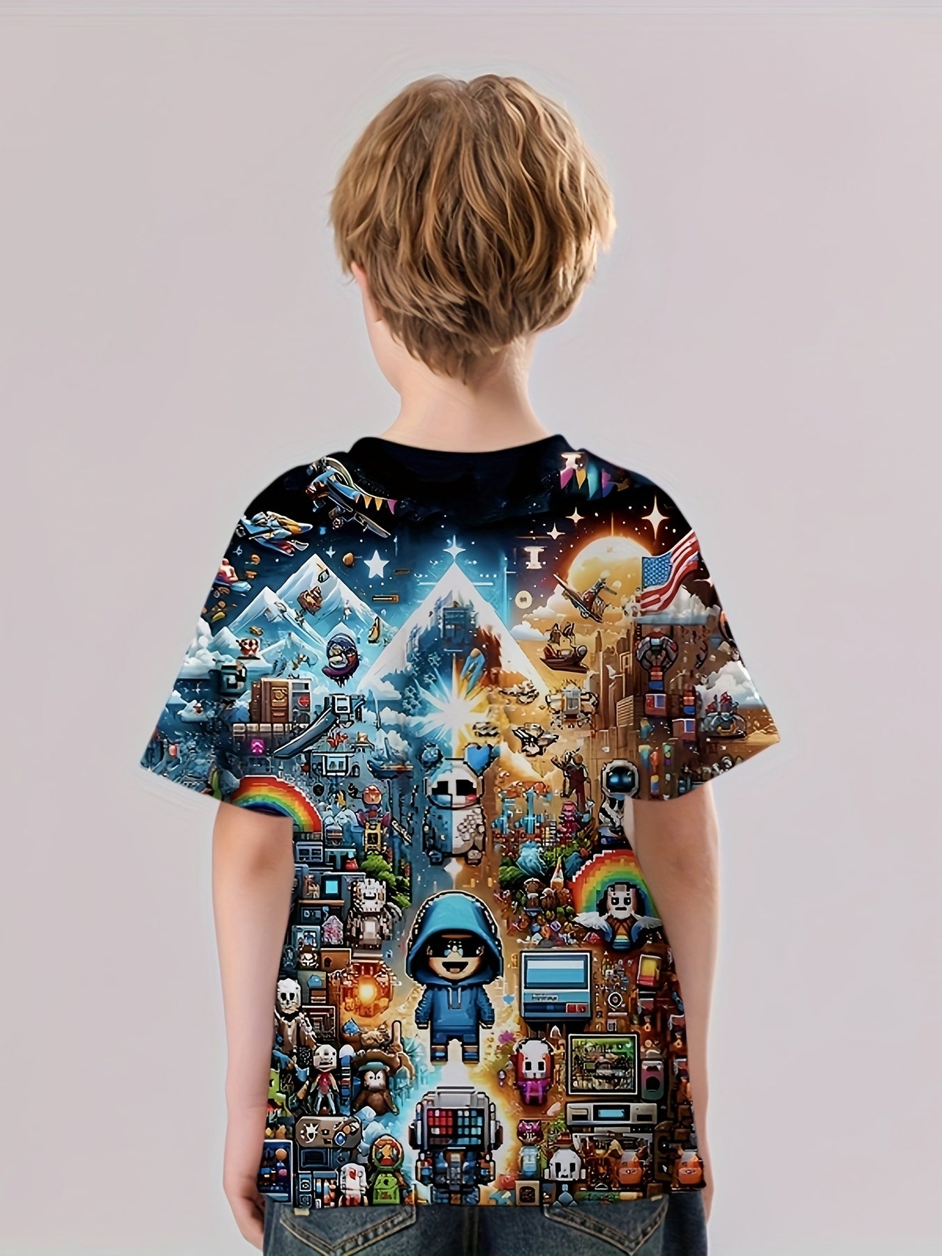 Pixel Cartoon Print Boy's Tees Short Sleeve Crew Neck Comfy T shirt