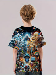 Pixel Cartoon Print Boy's Tees Short Sleeve Crew Neck Comfy T shirt