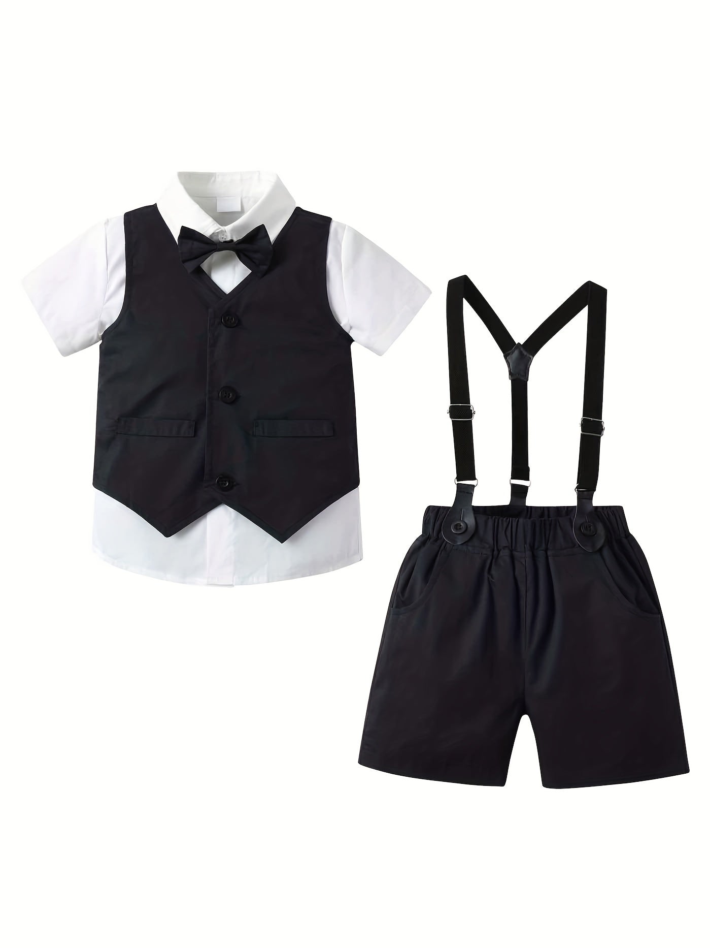 4pc Boys Formal Suits Short Sleeve Shirt Bowtie Shorts Suit Vest