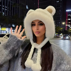 Winter Bear Ears Furry Hat Lovely Fluffy Beanie Hat For Girls Women