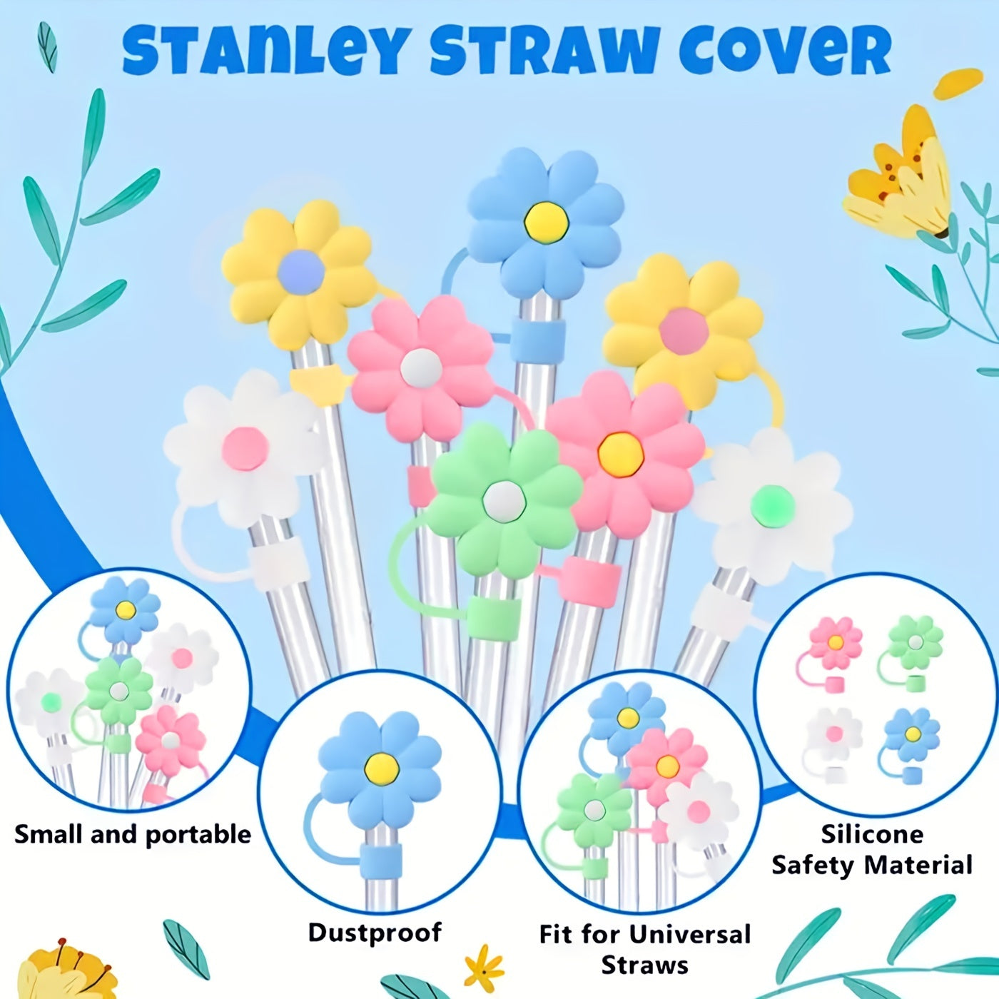 Cartoon Flower Straw Cover Reusable Silicone Straw Lid Cup Accessories