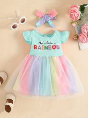 2pcs Baby Girls Rainbow Mesh Dress & Headband Set