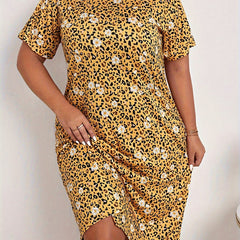 Nightdress Women's Plus Daisy Leopard Print Short Sleeve Round Neck