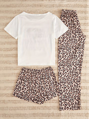 3 Piece Heart & Leopard Print Sleep Set Lounge Pajamas Women's Loungewear