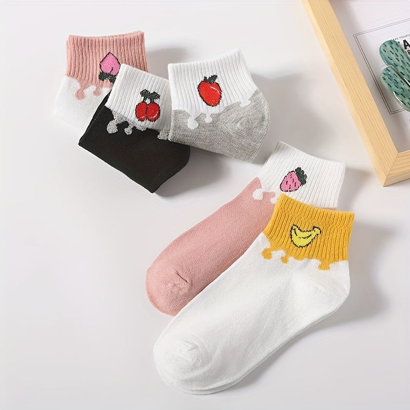 5 Pairs Cartoon Fruit Print Socks Ribbed Short Stockings