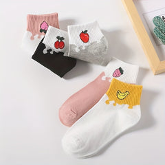 5 Pairs Cartoon Fruit Print Socks Ribbed Short Stockings