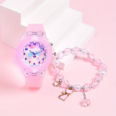 Girls' Cartoon Cat Glow in Dark Watch Set with Glasses Strap Bracelet