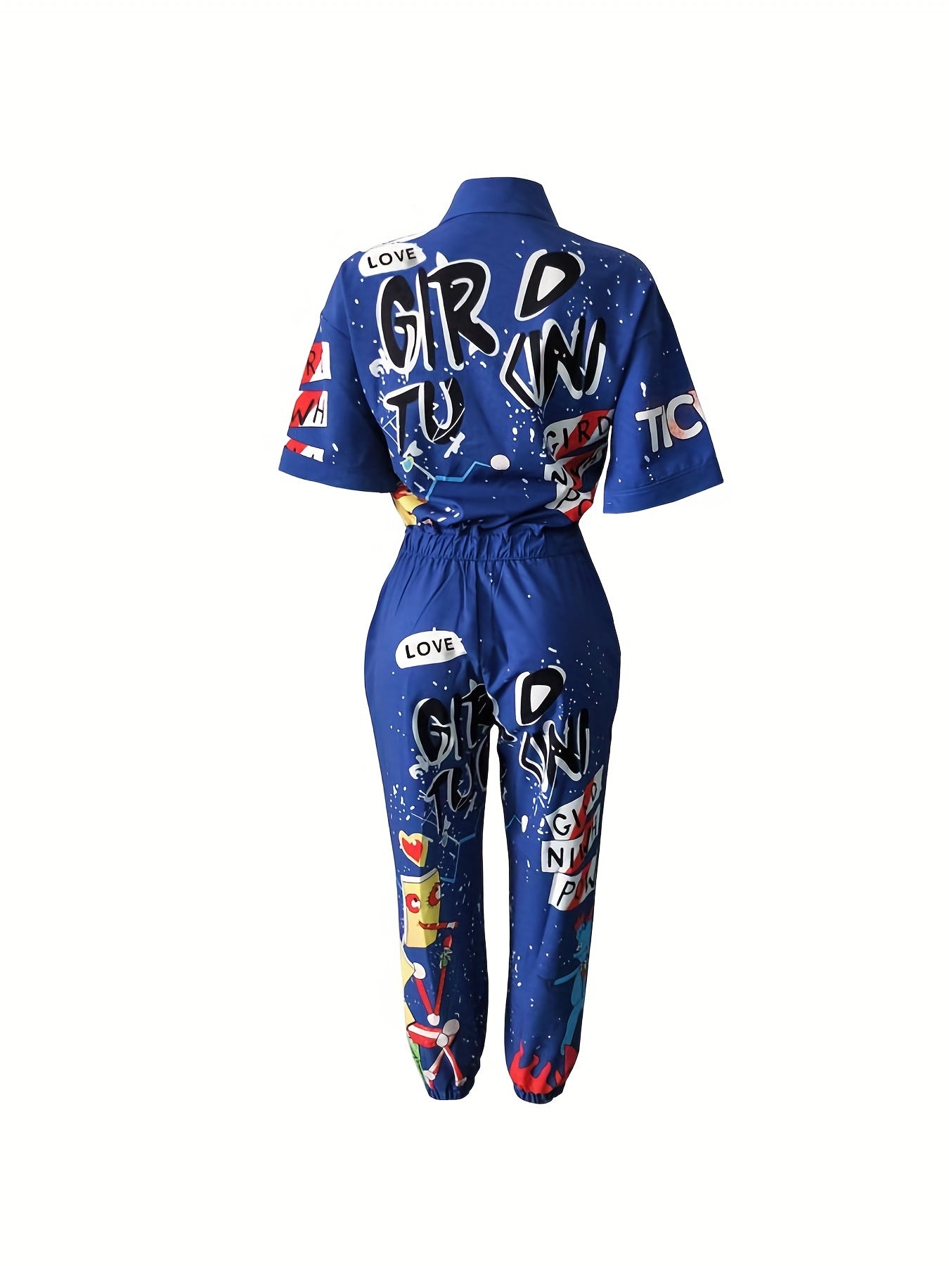 Graffiti Print Long Sleeve Button Jumpsuit