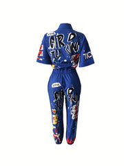 Graffiti Print Long Sleeve Button Jumpsuit