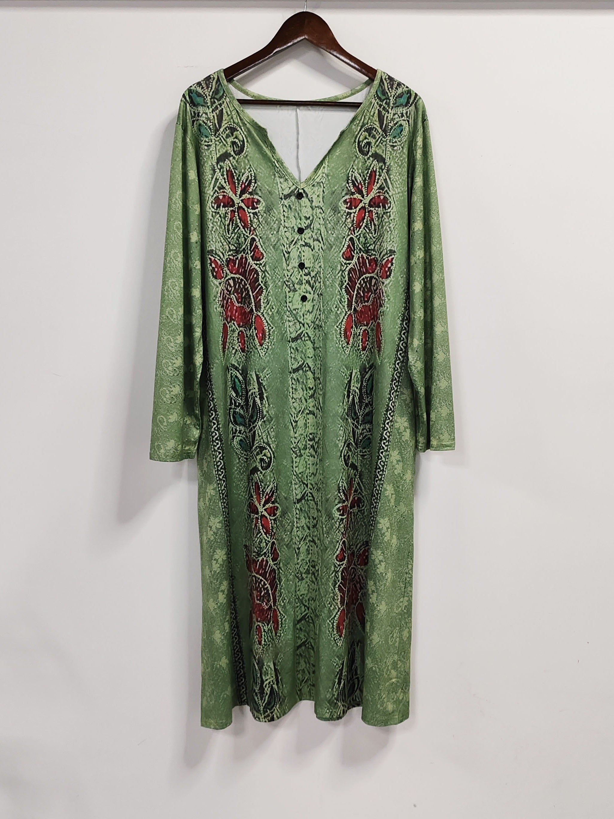 Floral Print Retro Dress Long Sleeve Notched Neck Dress With Pockets