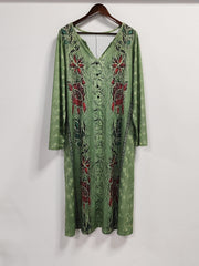 Floral Print Retro Dress Long Sleeve Notched Neck Dress With Pockets