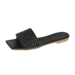 Women's Braided Flat Slides Solid Square Open Toe Non Slip Slides Shoes