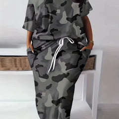 Camo Print Two Piece Skirt Set Cold Shoulder Top & Drawstring Skirt