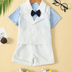 Boys Striped Outfit Short Sleeves Shirt & Vest & Shorts Set