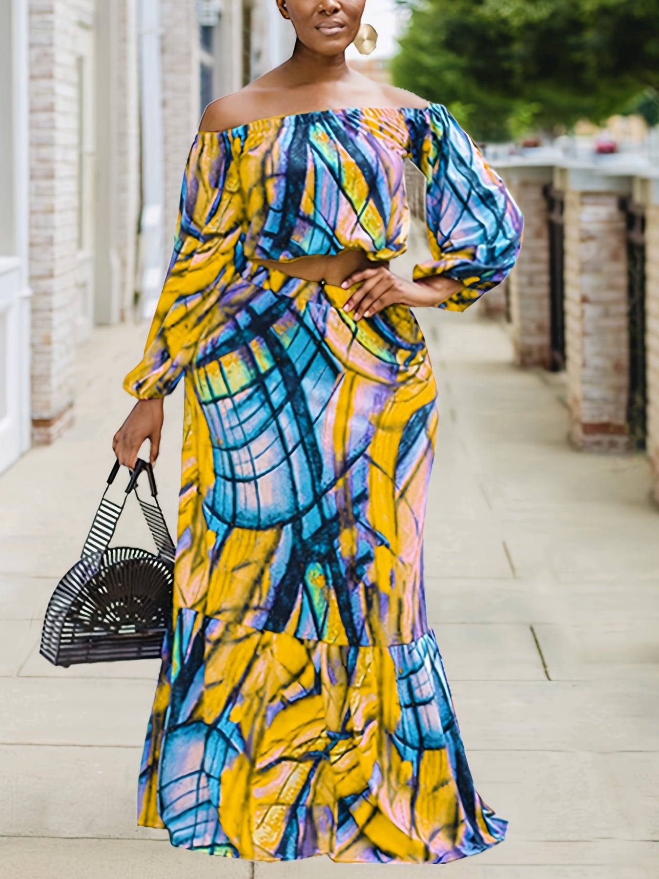 Women's Random Print Off Shoulder Top & Mermaid Skirt Set