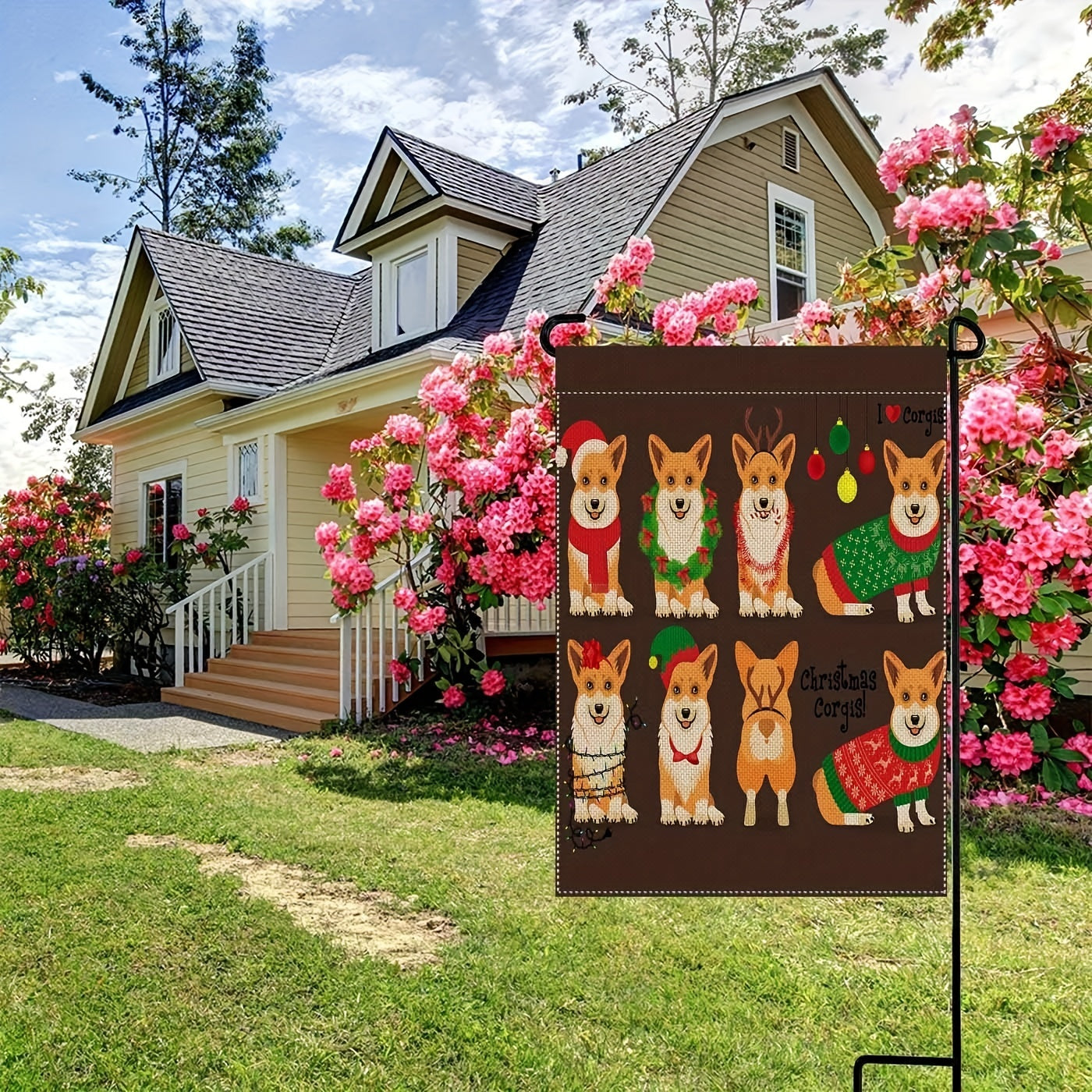Corgis Dog Garden Flag Double Sided Winter Cartoon Puppy Christmas
