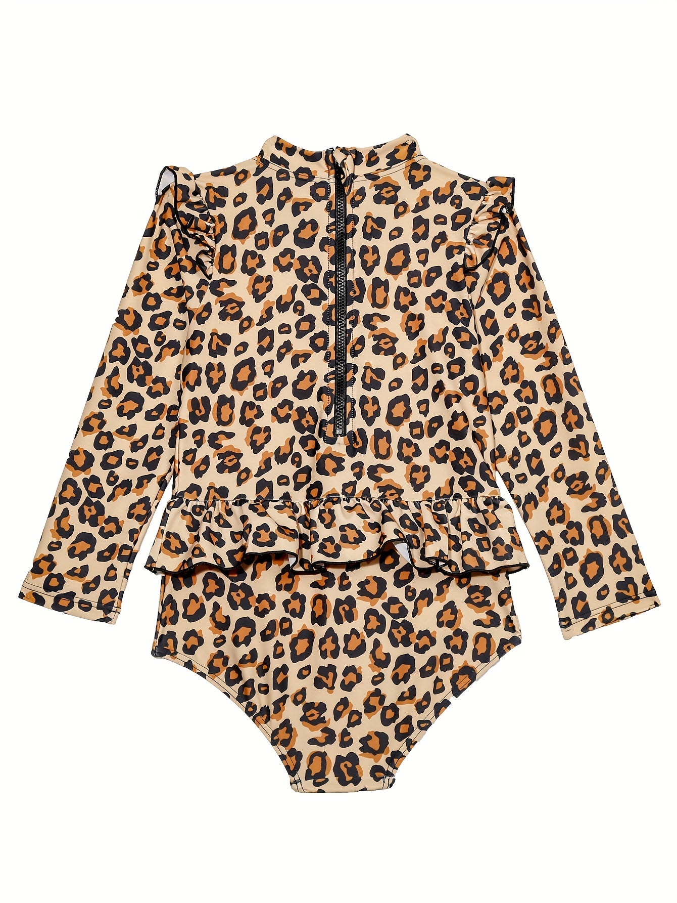Leopard Print Flutter Trim Long Sleeve 1 piece Swimsuit Girls