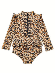 Leopard Print Flutter Trim Long Sleeve 1 piece Swimsuit Girls
