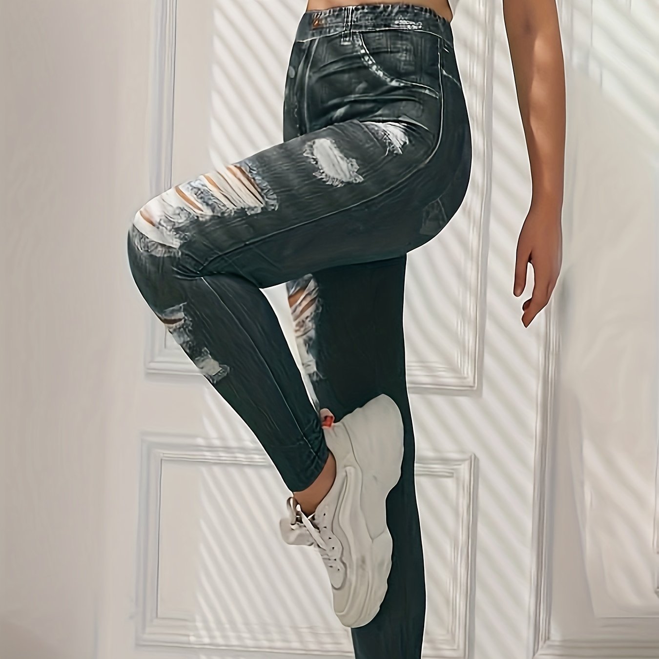 Denim Print Ripped Pants High Waist Slim Pants