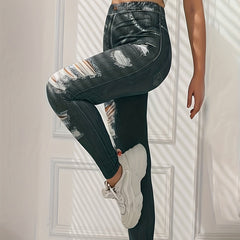 Denim Print Ripped Pants High Waist Slim Pants