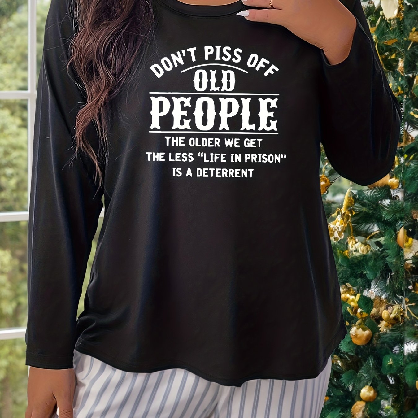 Lounge Top Women's Plus Slogan Print Long Sleeve Crew Neck