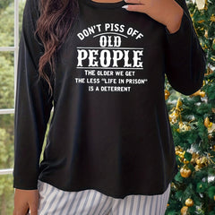 Lounge Top Women's Plus Slogan Print Long Sleeve Crew Neck