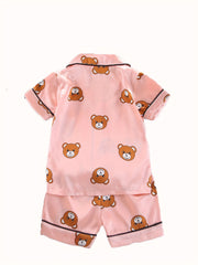 Girls Bear Pattern Pajama Set Short Sleeve Top & Shorts Kids Summer Clothes