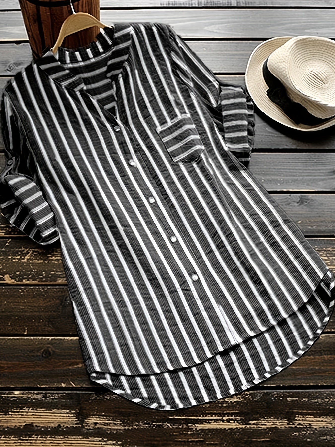 Stripe Print Button Up Short Sleeve Blouse