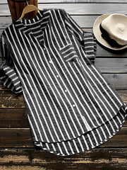 Stripe Print Button Up Short Sleeve Blouse