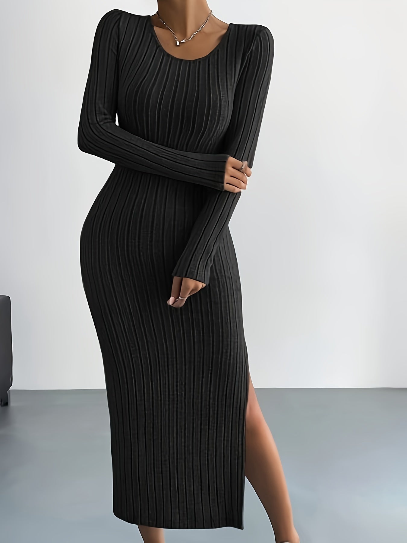 Ribbed Lounge Dress Long Sleeve Side Split