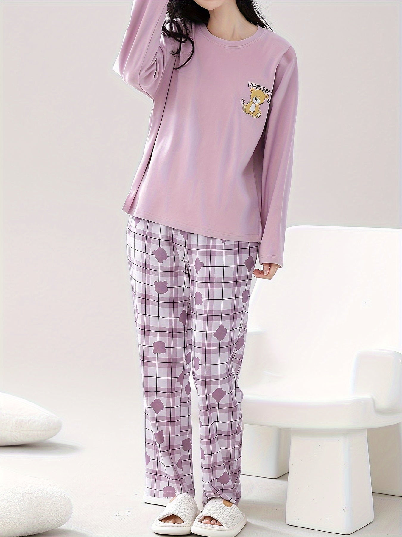 Bear Print Pajama Set Long Sleeve Top & Plaid Pants Women's Sleepwear