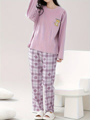 Bear Print Pajama Set Long Sleeve Top & Plaid Pants Women's Sleepwear