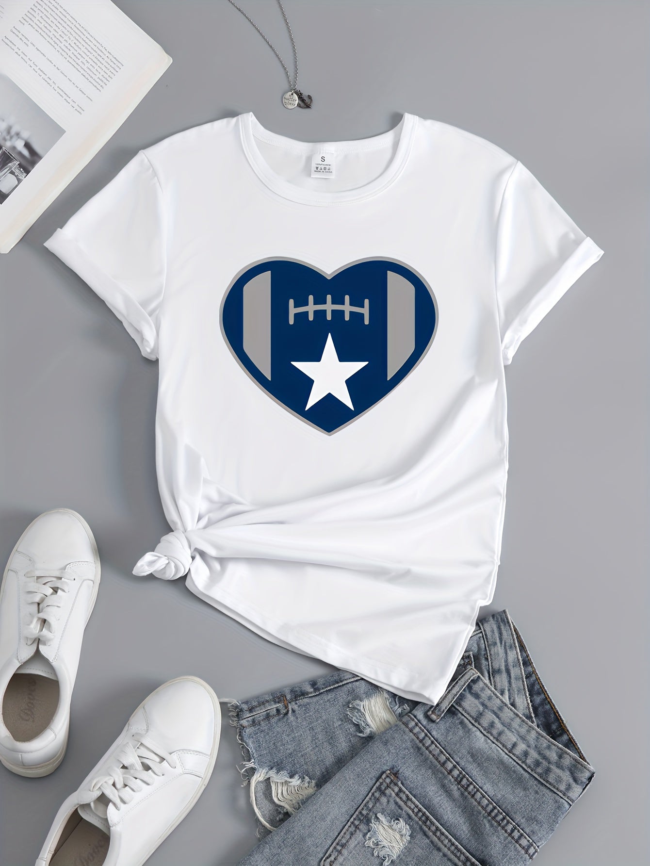 Football Heart Graphic Short Sleeve Sports T shirt Round Neck Women's Activewear
