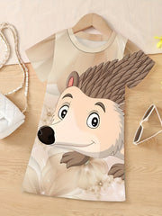 Cute Hedgehog Graphic Dress for Girls - Summer Short Sleeve