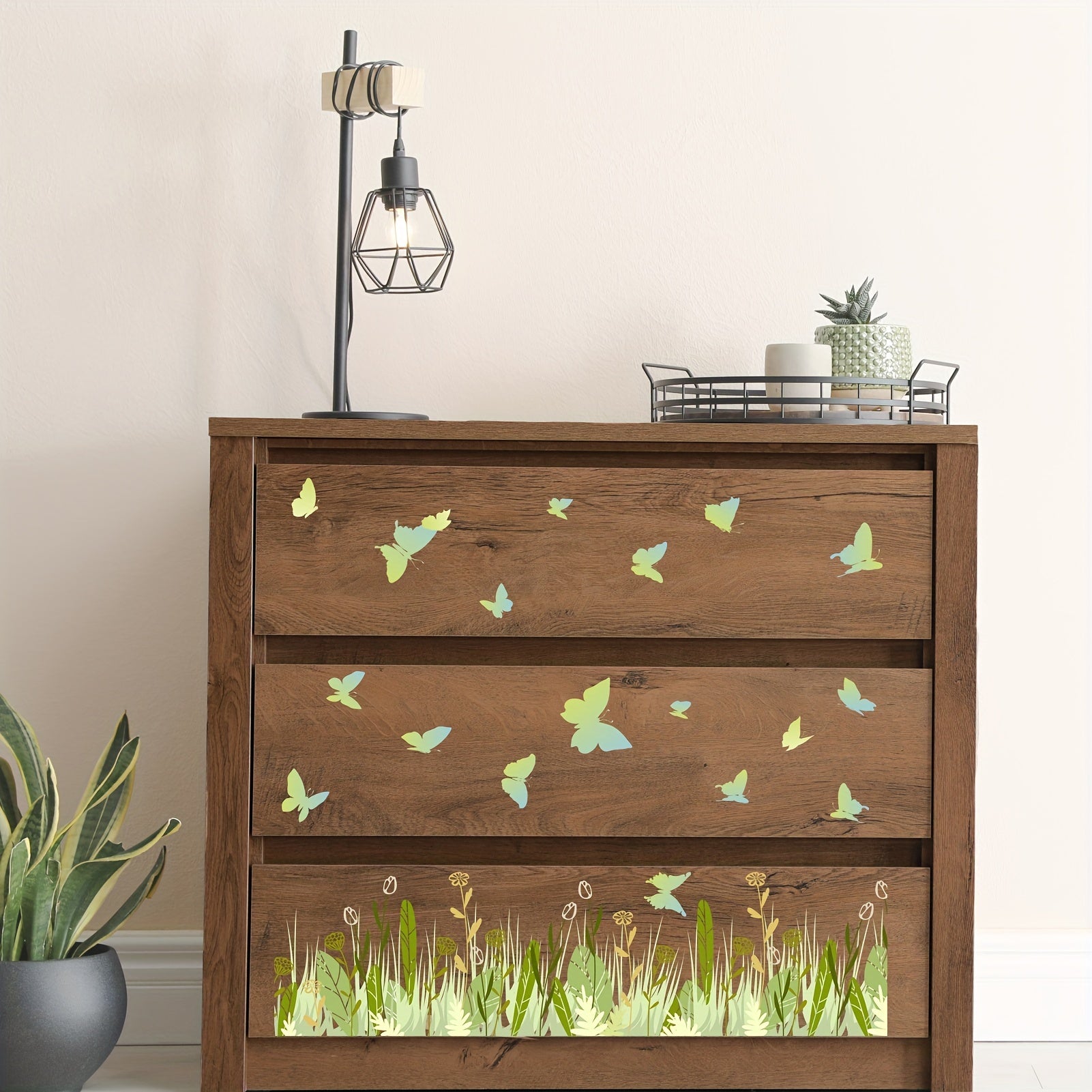 Green Plant Wall Stickers Green Grass Flowers Butterflies Wall Decals