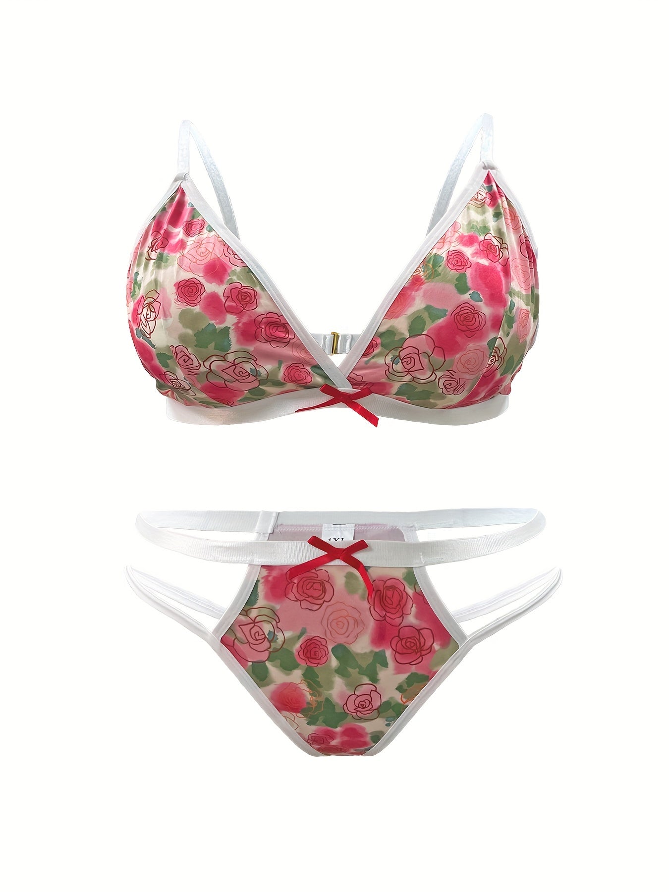 Tie Dye Rose Print Bow Bra & Panty Set