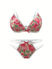 Tie Dye Rose Print Bow Bra & Panty Set