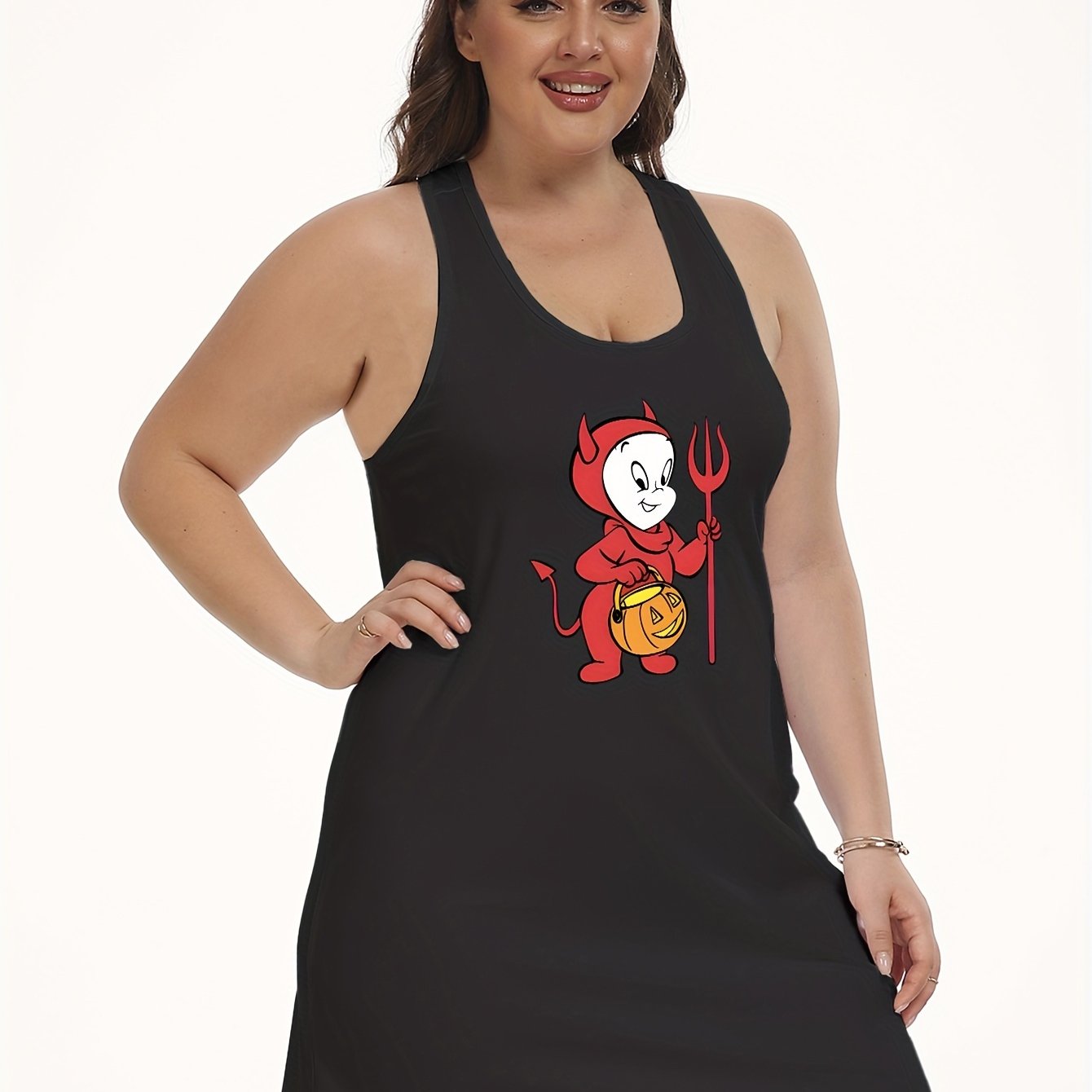 Cartoon Ghost Print Tank Dress Women's Plus Halloween Lounge Dress