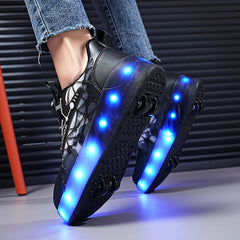 Girl's LED Roller Shoes with Rotating Buckle - Detachable Wheel Skate Sneakers