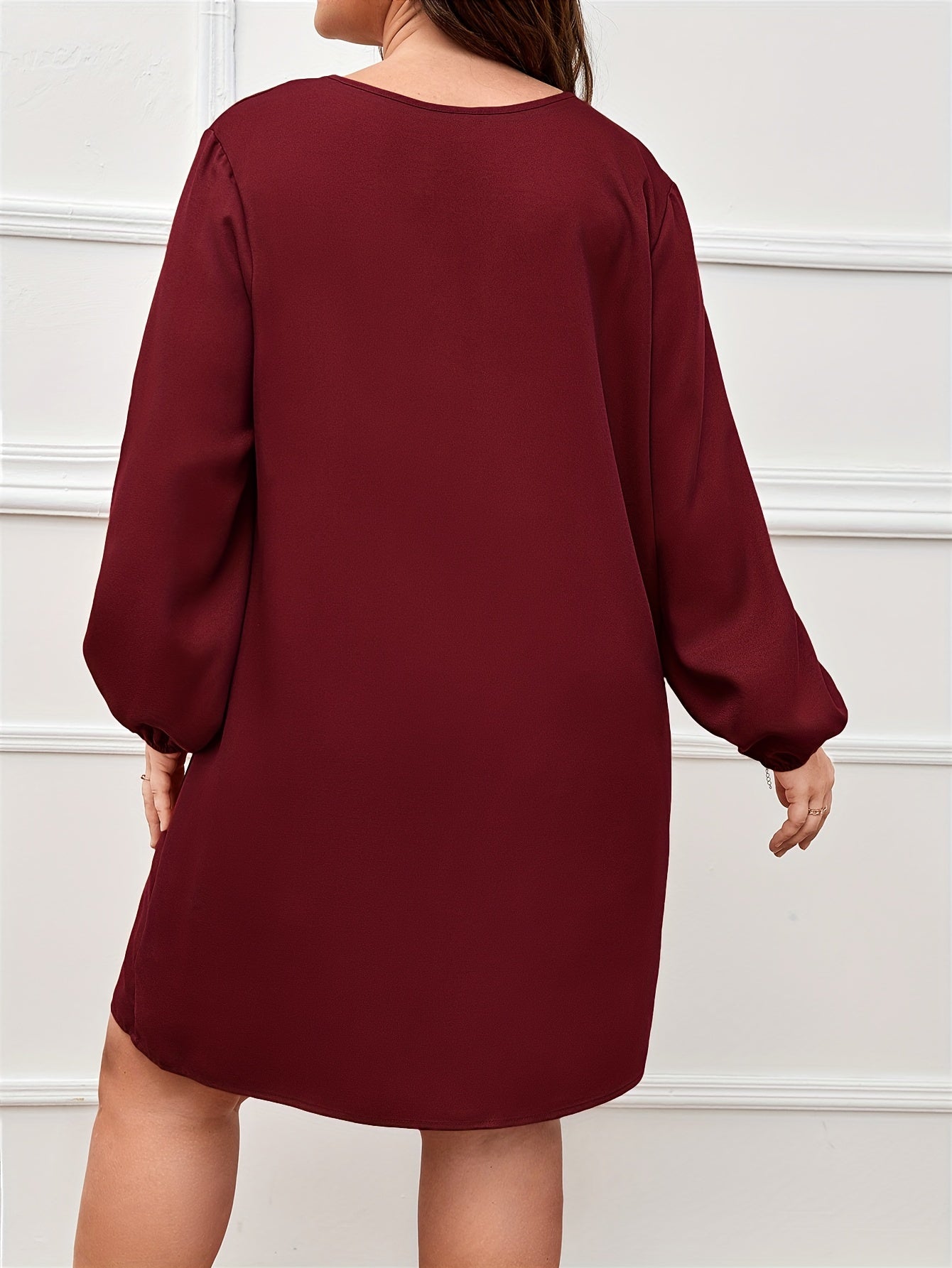 Solid Lantern Sleeve Notched Neck Dress