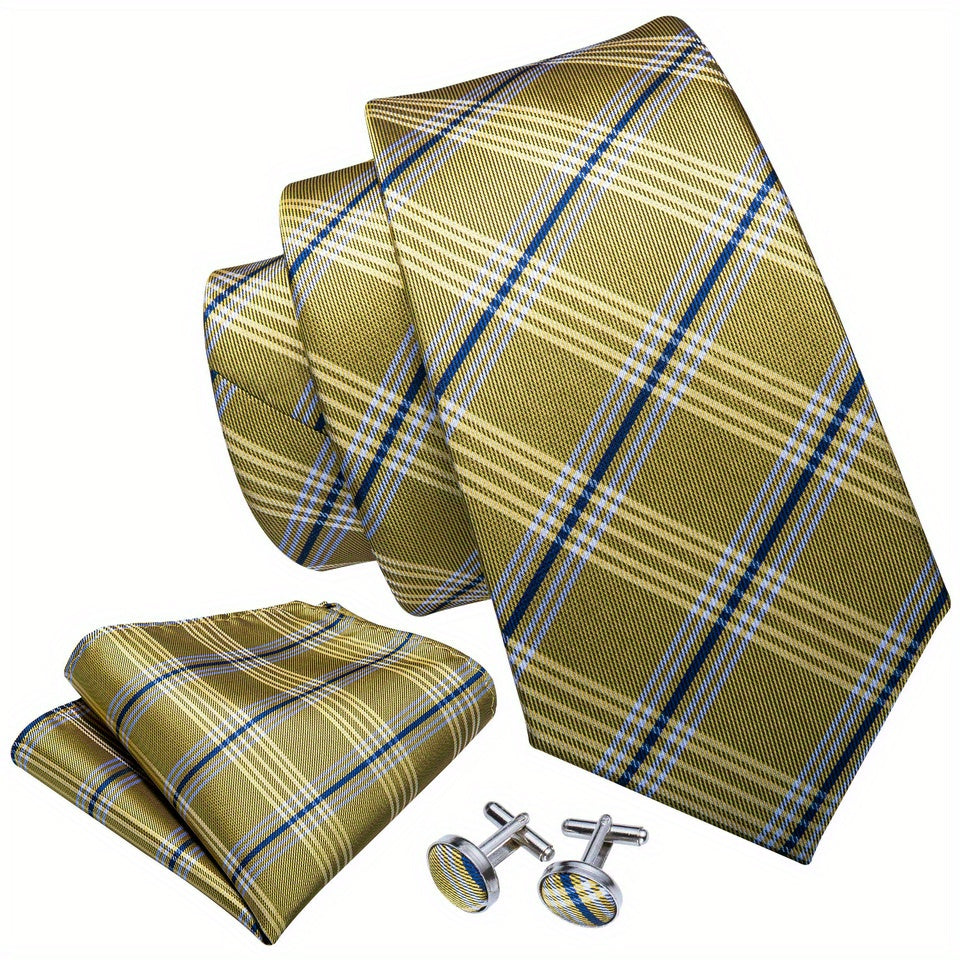 Classic Men's Ties Striped Plaid Necktie Handkerchief Cufflinks