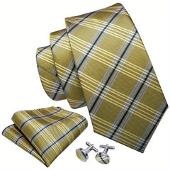 Classic Men's Ties Striped Plaid Necktie Handkerchief Cufflinks