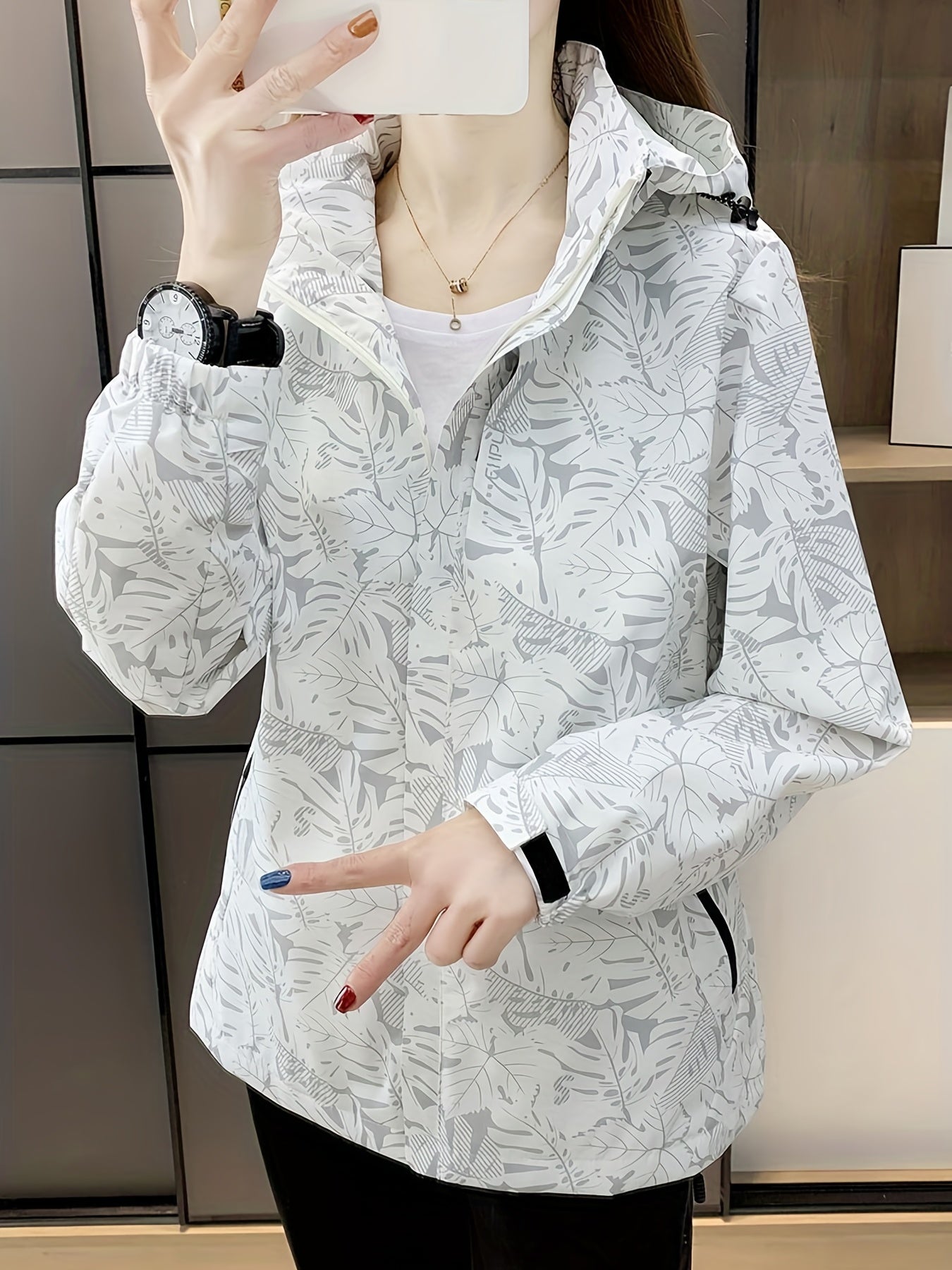 Leaf Print Outdoor Jacket With Removable Hood Women's Windproof