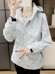 Leaf Print Outdoor Jacket With Removable Hood Women's Windproof