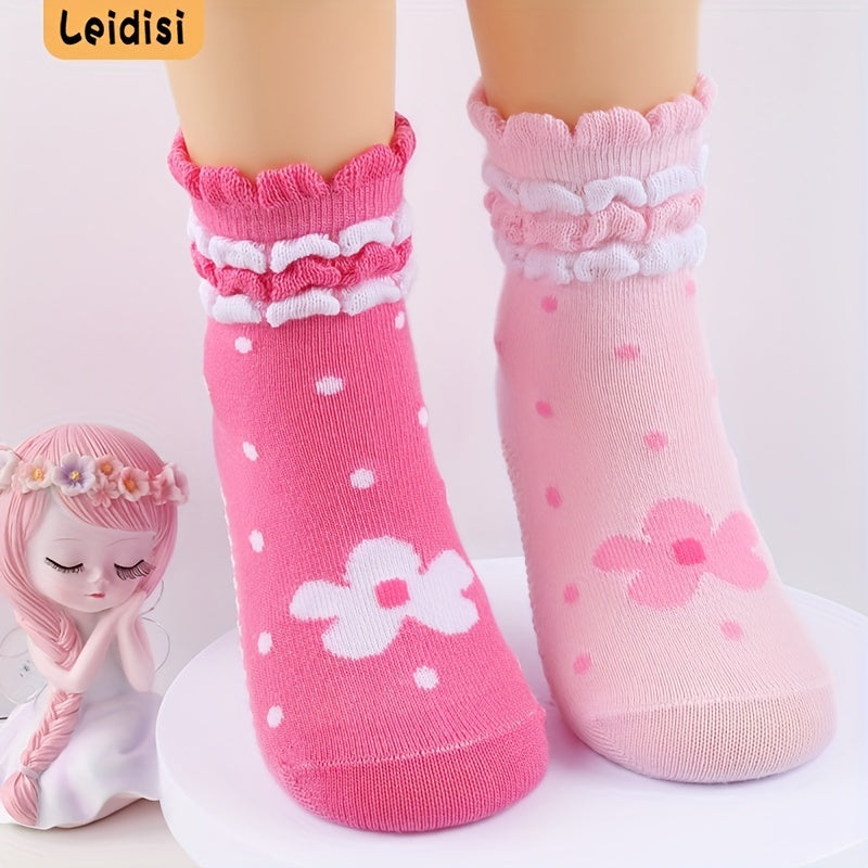 3 Pairs Girls Pink Flower Dot Lace Crew Socks Toddlers Non-Slip Floor Socks